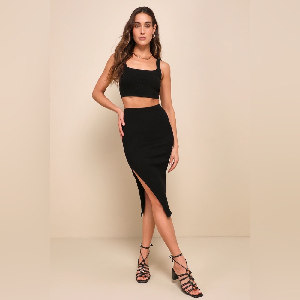 Lulus Black Ribbed Bodycon Two-Piece Midi Dress